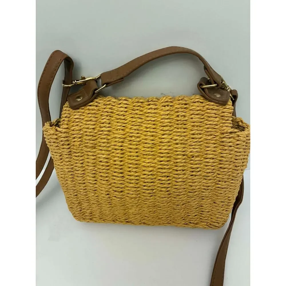 Primark Woven‎ Paper/ Raffia Style Fiber Straw Crossbody Bag Brown Faux Leather